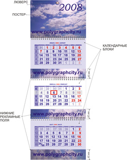 Рис. 6. Календари настенные квартальные трехсекционные с тремя нижними рекламными полями