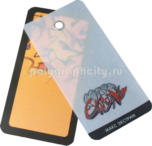 Оригинальная двойная бирка картонная для футболок скрепленная люверсом диаметром 6 мм. Размер каждой бирки 50х100 мм