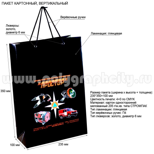Пакет бумажный с логотипом вертикальный «Простор»
