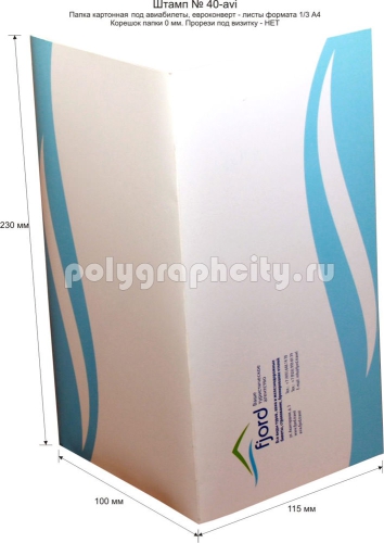 Картонная папка-конверт для авиабилетов с готового вырубного штампа № 40-avi под листы формата 1/3 А4, компании FJORD (лицо)