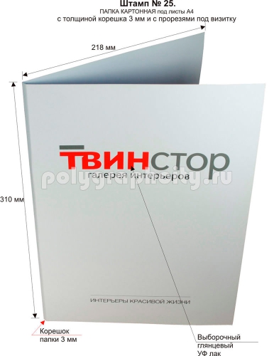 Картонная папка формата А4 с готового вырубного штампа № 25, по заказу                                       компании «ТВИНСТОР» (лицо)